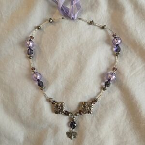 Handmade Butterfly Charm Beaded necklace silver & lavender beads purple ribbon